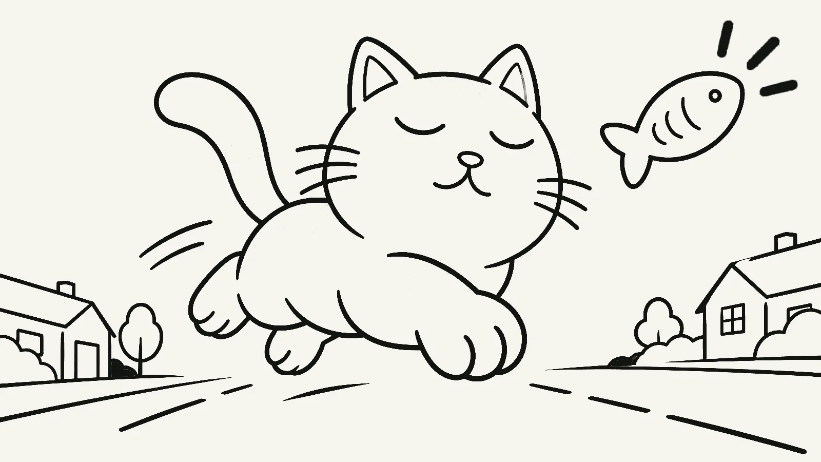 Marker drawing of a smug tabby cat leaping down a suburban street toward a fish