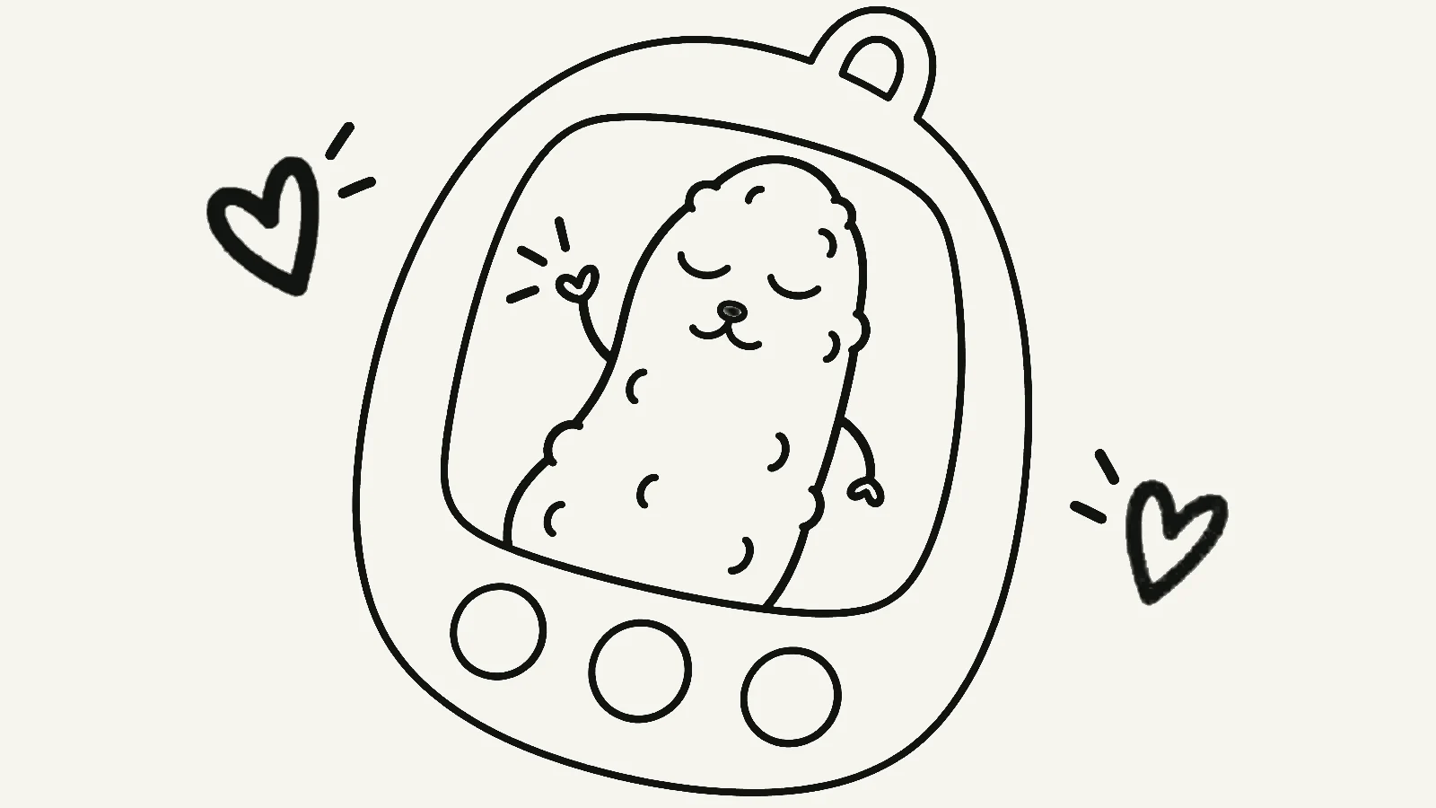 Marker drawing of a smug pickle waving from a handheld game